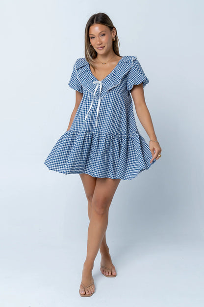 Tony Gingham Baby Doll Dress in Blue