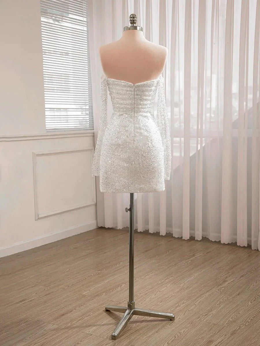 Chic Short Sequined Backless Wedding Dress With Long Detachable Sleeves