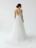 A Line V Back Long White Wedding Dress with Lace Appliqued