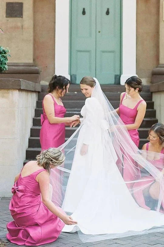 Sheath Square Neck Fuchsia Satin Bridesmaid Dresses with Bow