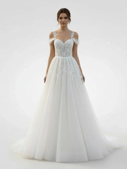A Line Off The Shoulder Tulle Wedding Dresses With Appliques Lace