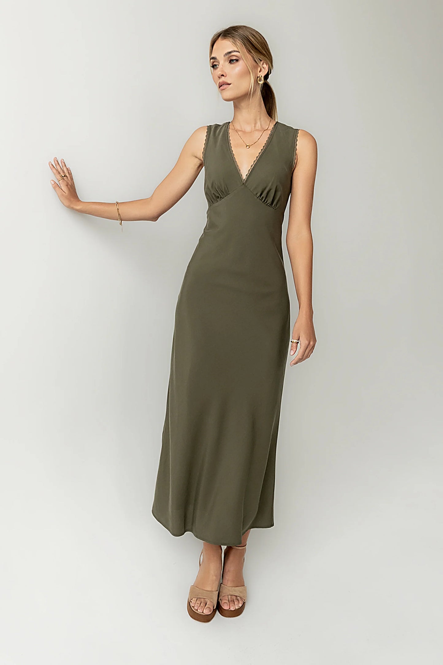 Hailey Lace Trim Maxi Dress in Olive FINAL SALE