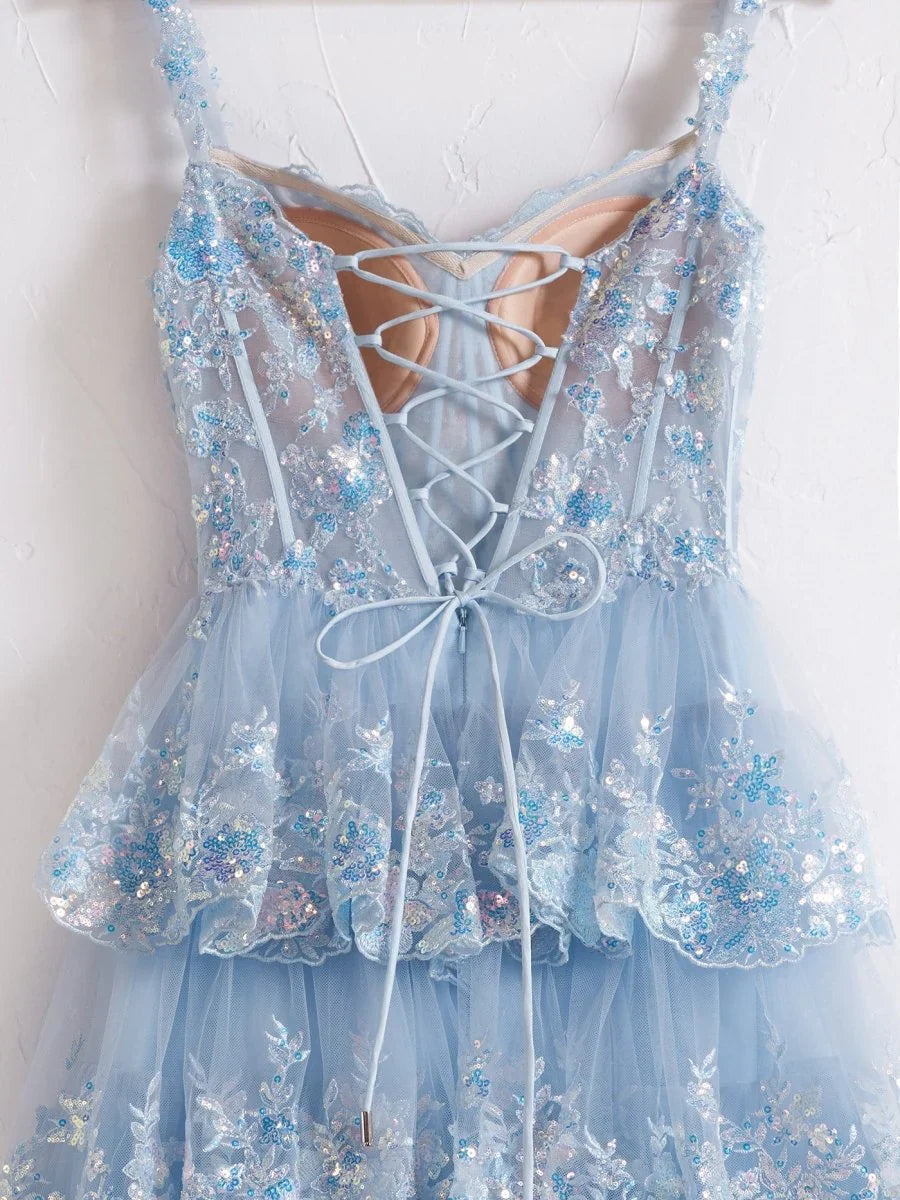 Blue Crystal Sequins Princess A Line Off the Shoulder Prom Dress with Lace Ruffles