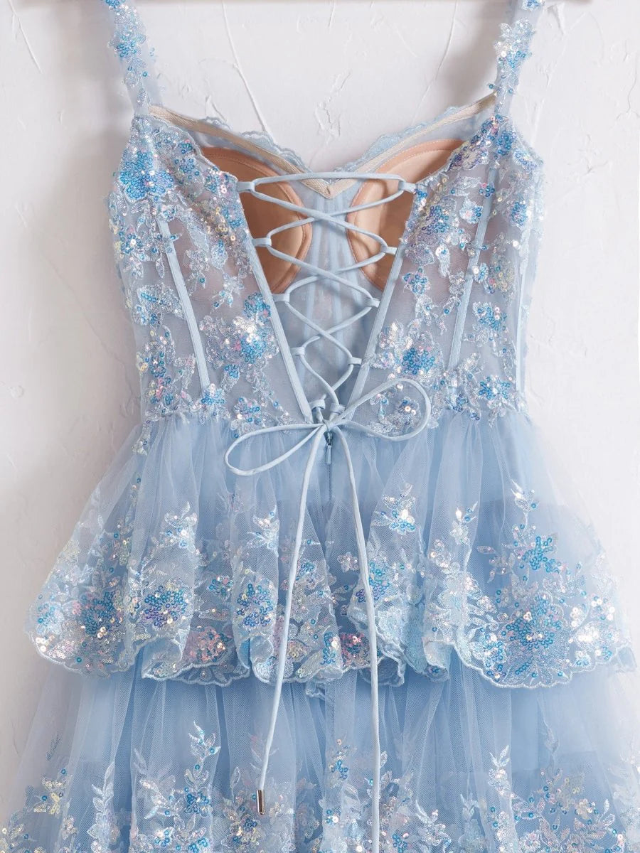 Blue Crystal Sequins Princess A Line Off the Shoulder Prom Dress with Lace Ruffles