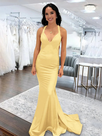 Angela Mermaid Pink V Neck Backless Satin Long Prom Dress