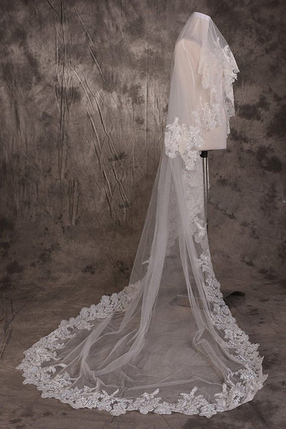 Vintage One Tier Lace Edge With Tulle Wedding Veil