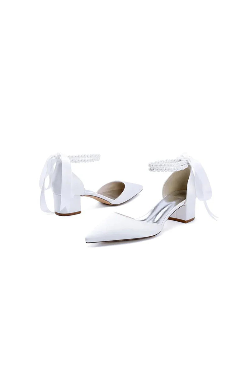 Pointed Toe Double Pearl Ankle Strap Party Shoes With Ribbon Tie