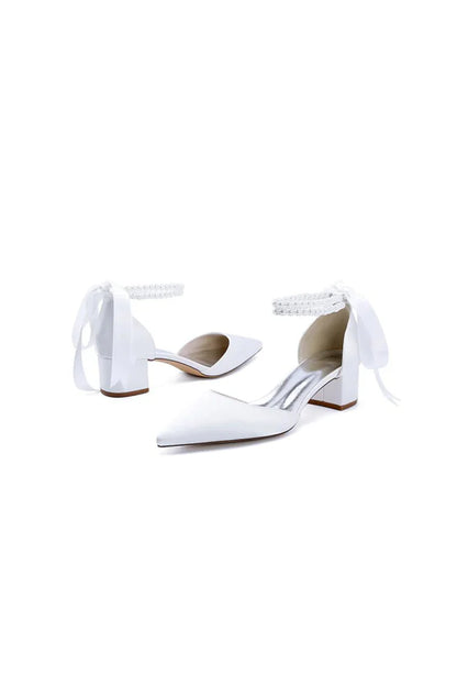 Pointed Toe Double Pearl Ankle Strap Party Shoes With Ribbon Tie