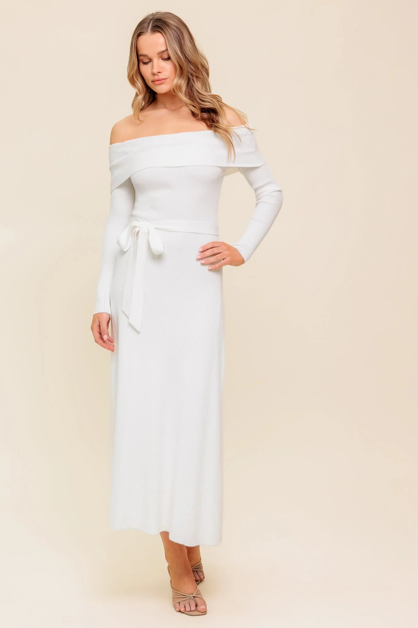 RUSTIC RETREAT OFF THE SHOULDER SWEATER DRESS