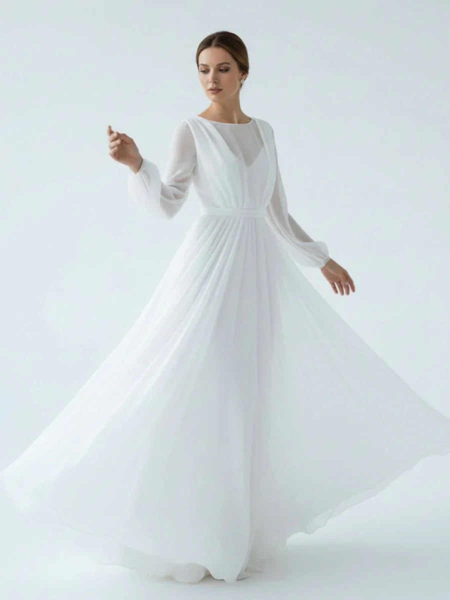 A Line Illusion Neck Long Sleeves Sweep Train Organza Wedding Dresses