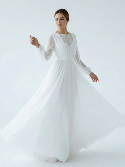 A Line Illusion Neck Long Sleeves Sweep Train Organza Wedding Dresses
