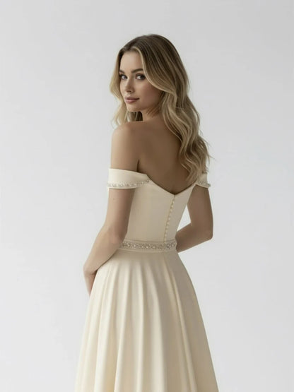 A Line Off the Shoulder Beaded Wedding Dress