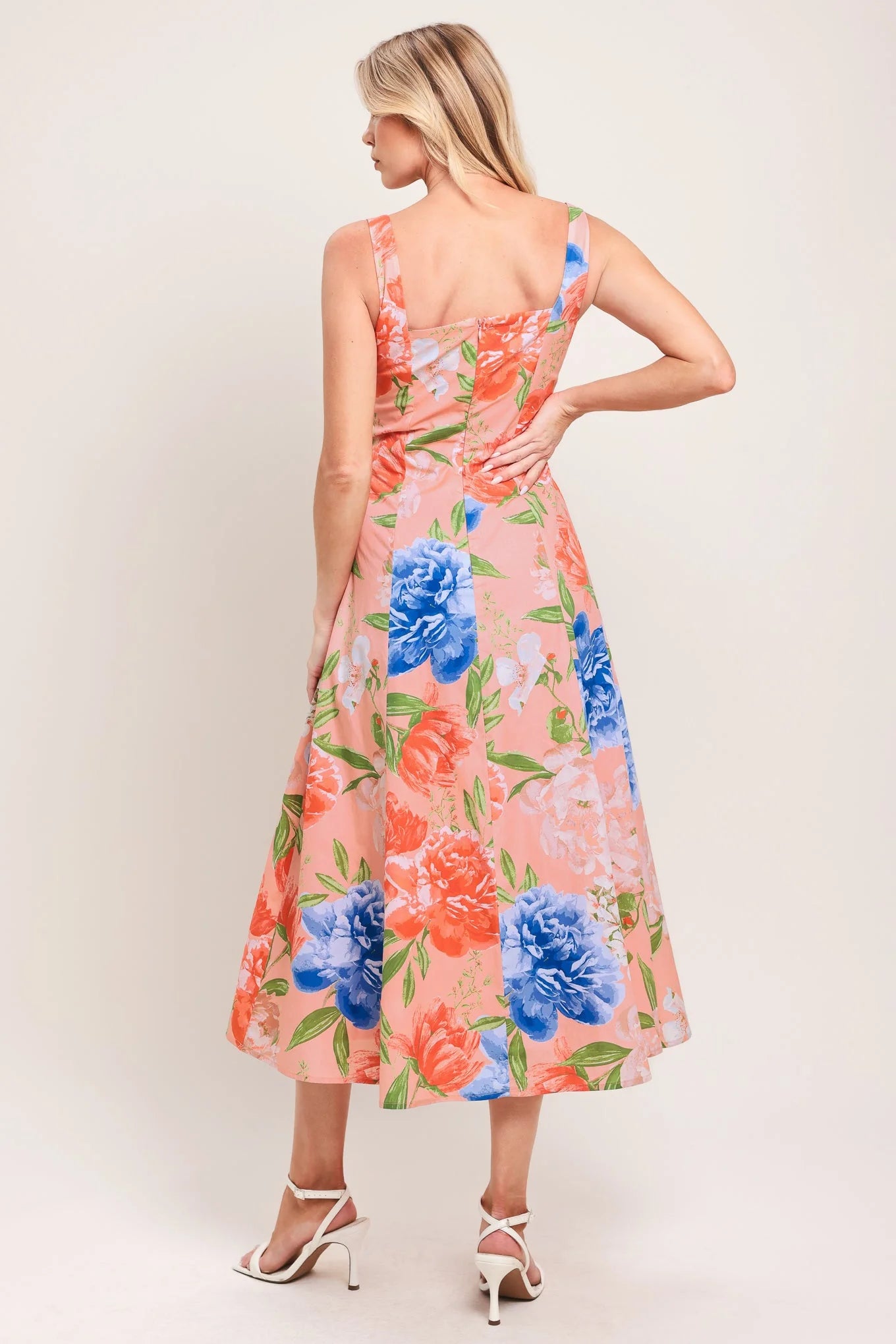 PEACH PETAL FLORAL MIDI DRESS