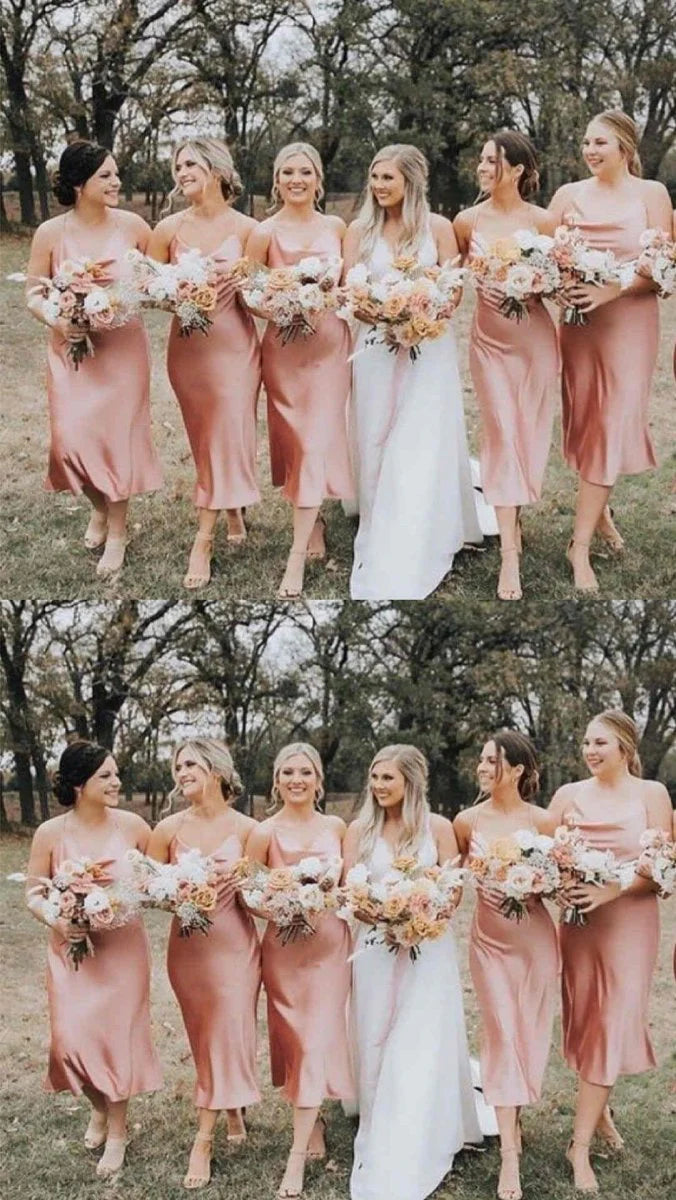 Spaghetti Straps Cowl Neck Tea Length Champagne Sheath Bridesmaid Dress