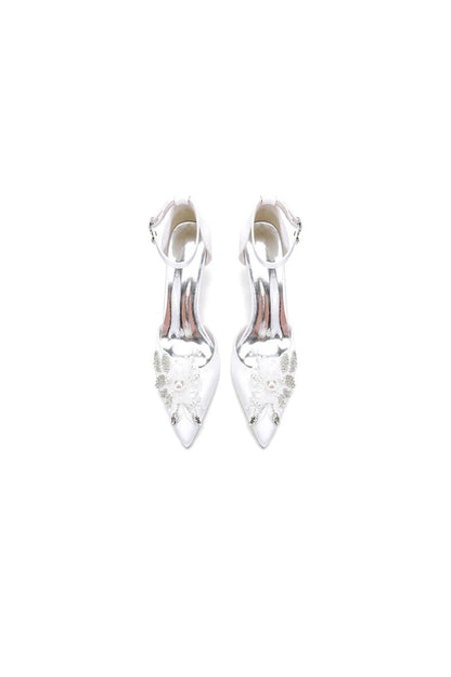 Elegant Ankle Strap White Wedding Shoes With Rhinestone Flower