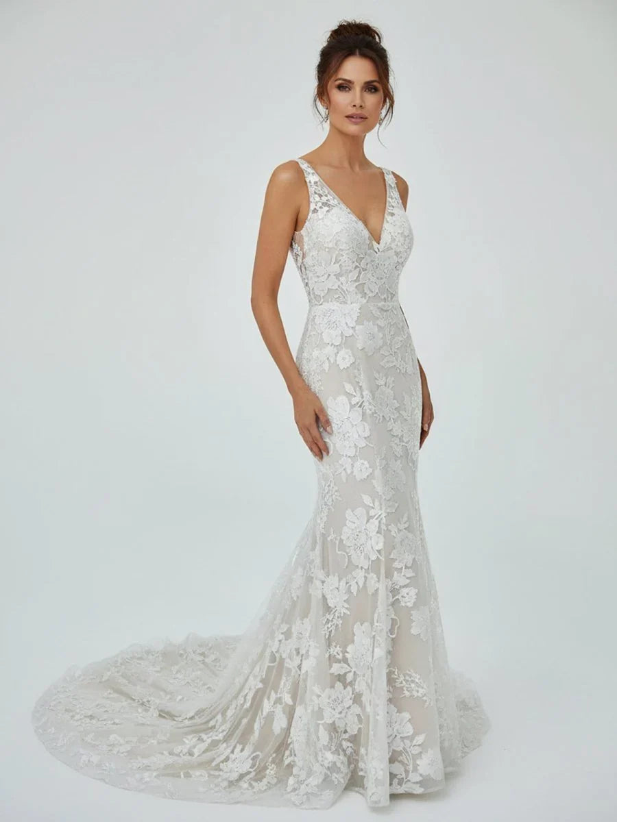 Floral Lace Appliques V Neck Sleeveless Mermaid Boho Wedding Dresses
