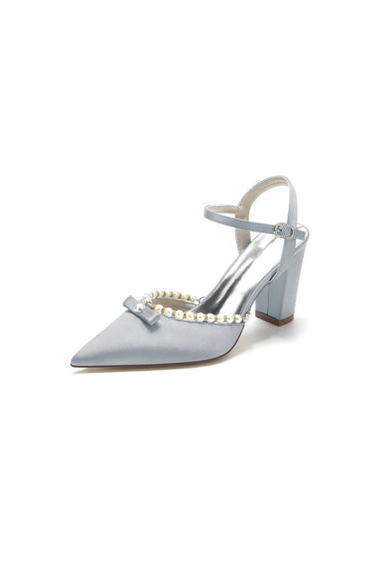 Pearl Pointed Toe Ankle Strap Chunky Heels With Bow