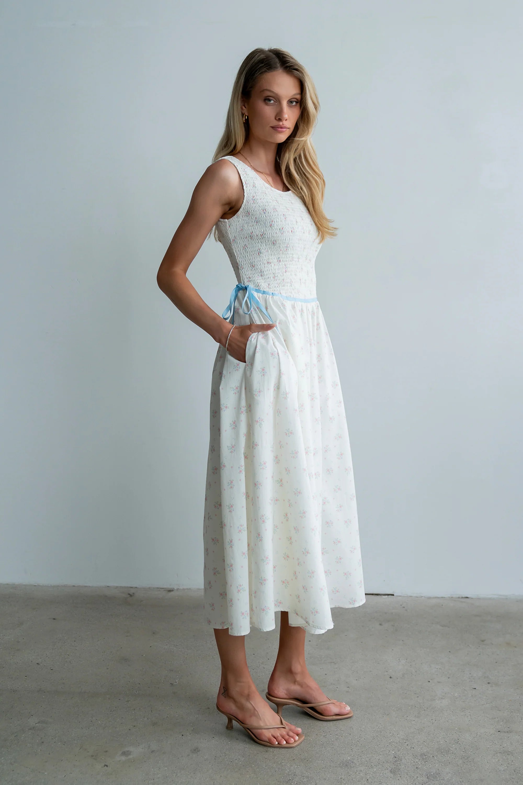 Kammie Smocked Midi Dress in Cream