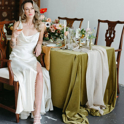 Cowl Neck Ivory Sheath Satin Wedding Dresses with Button Slit