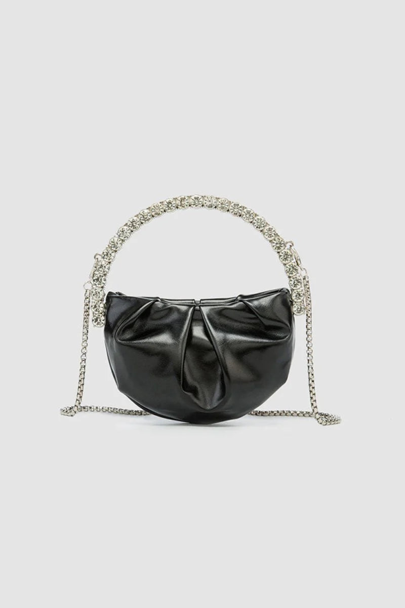 Womens Rhinestone Handle Metallic Slouchy Evening Clutch Bags