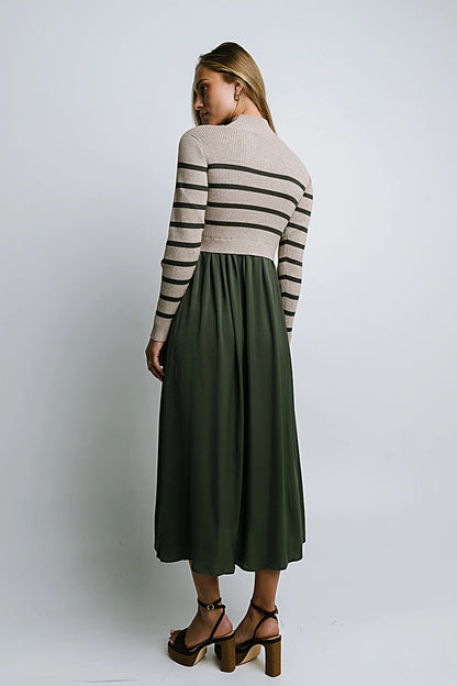 Zeda Midi Dress in Olive Stripe