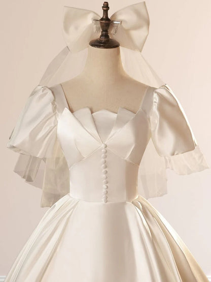 White Satin Square Neck Short Sleeve Lace Up Wedding Dress