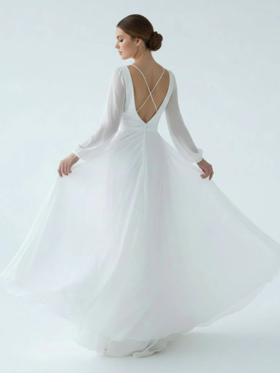 A Line Illusion Neck Long Sleeves Sweep Train Organza Wedding Dresses