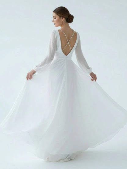 A Line Illusion Neck Long Sleeves Sweep Train Organza Wedding Dresses