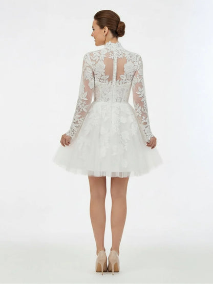 Short White A Line Illusion Neck Long Sleeves Lace Wedding Dresses