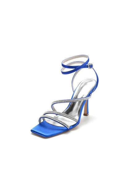 Multi Crystal Straps Square Open Toe Chunky Heels