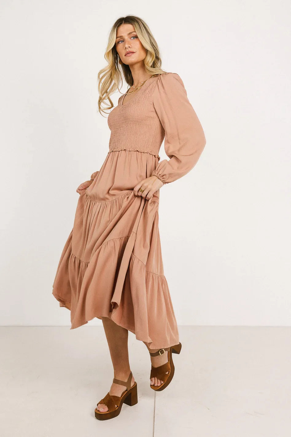 Smocked Tiered Midi Dress in Pink FINAL SALE