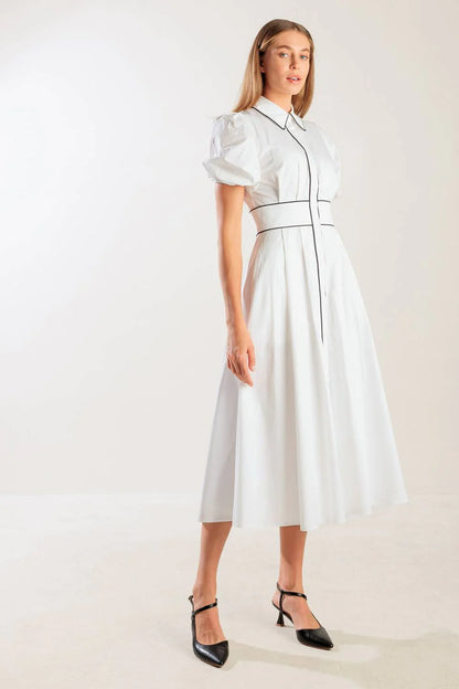 VINTAGE VIBES PUFF SLEEVE MIDI DRESS WHITE
