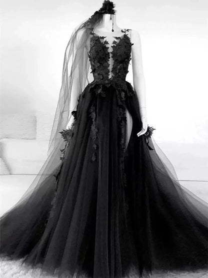 Sexy Black Lace Appliques Sleeveless Tulle Backless Wedding Dresses with Veil