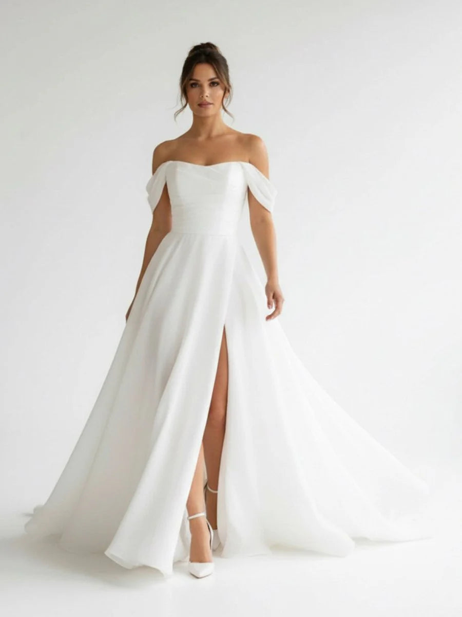 Elegant White Off the Shoulder Long Wedding Dress with Slit