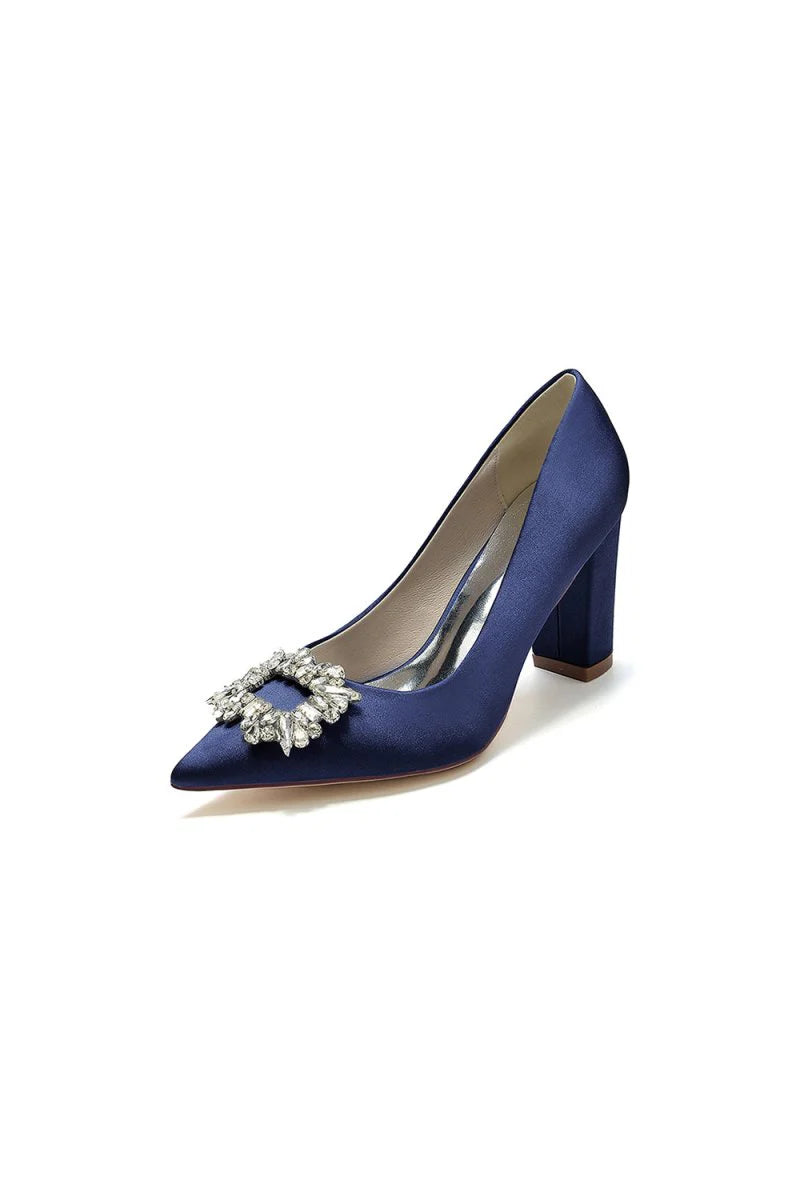 Pointed Toe Block Heels with Rhinestone