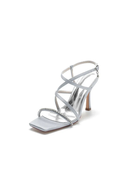 Square Open Toe Crystal Cross Straps Chunky Heels