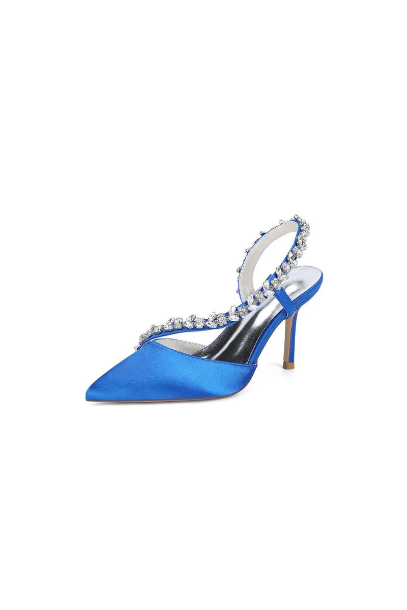 White Satin High Heels with Crystal Embellishments