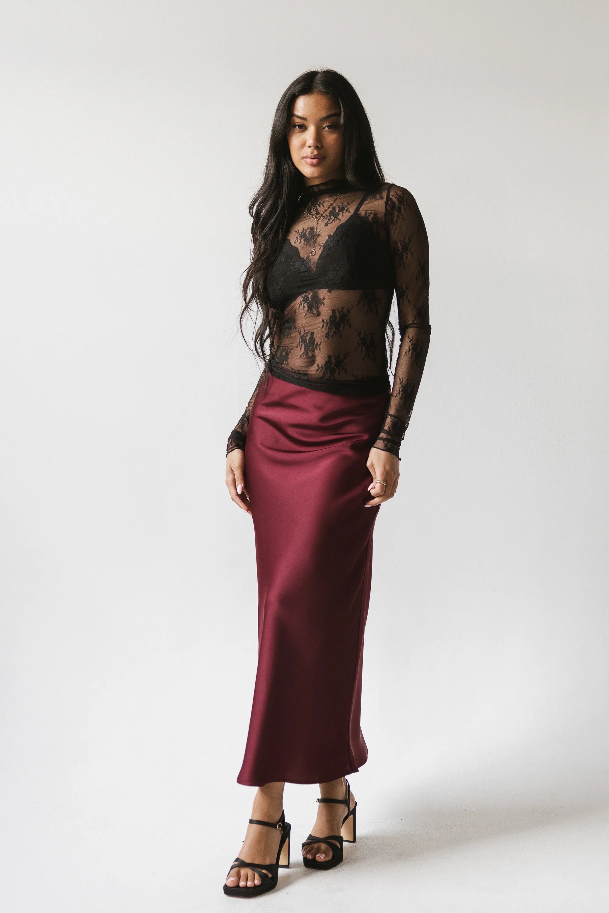 Tory Satin Maxi Skirt in Burgundy