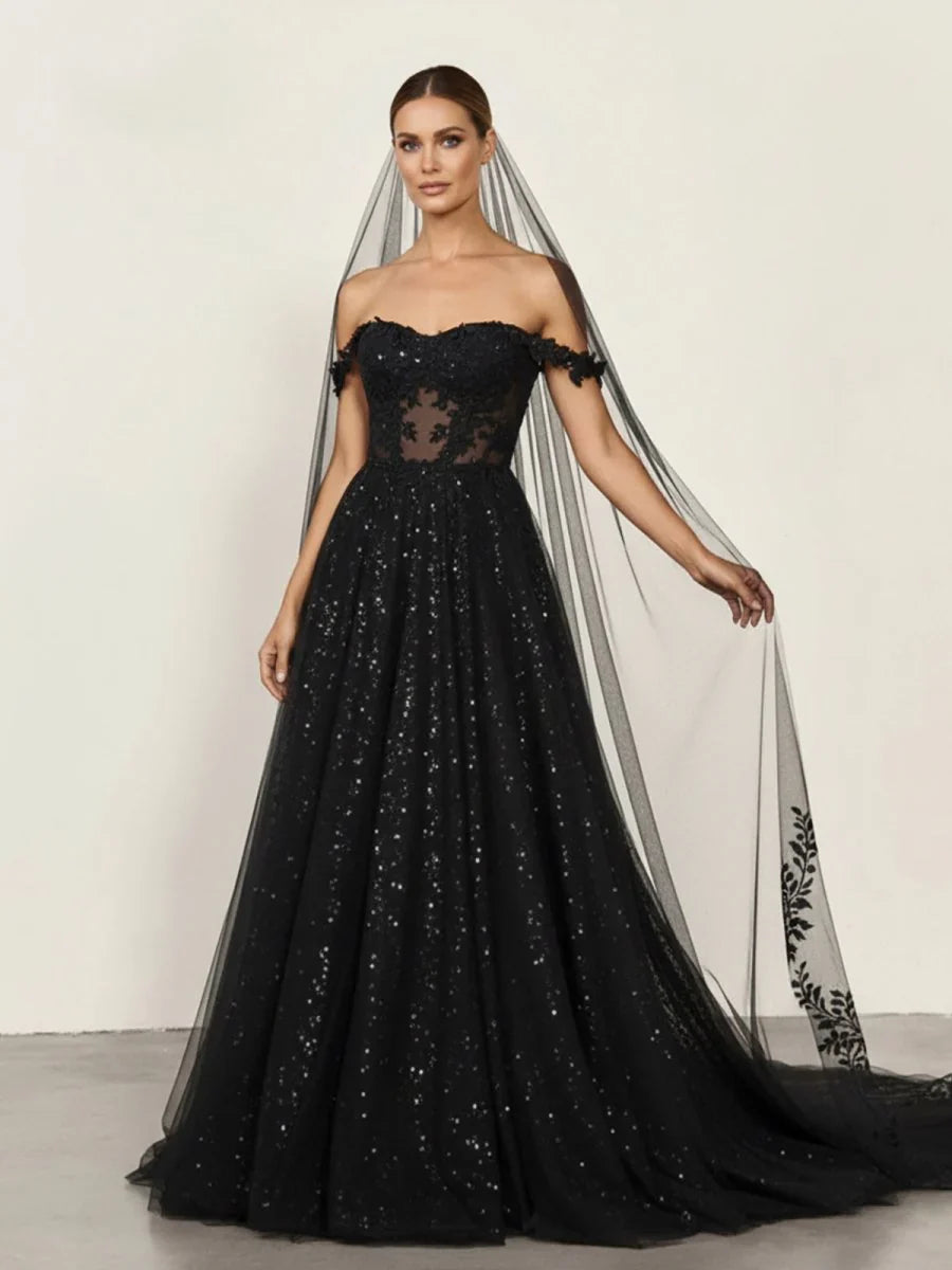A Line Black Gothic Wedding Dresses with Sequin Lace Appliques