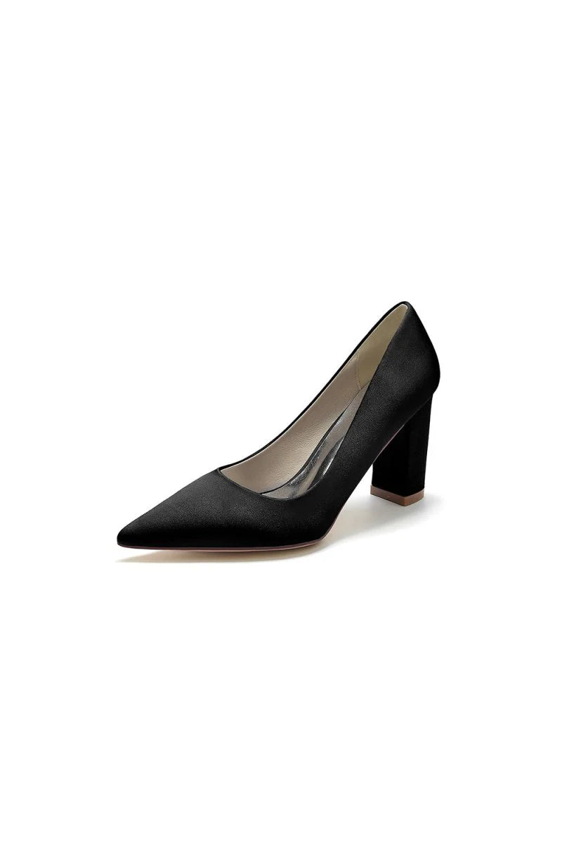 Pointed Toe Slip on Satin Chunky Heels