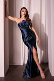 DEANNA GOWN ASYMMETRICAL STRAPLESS SATIN GOWN