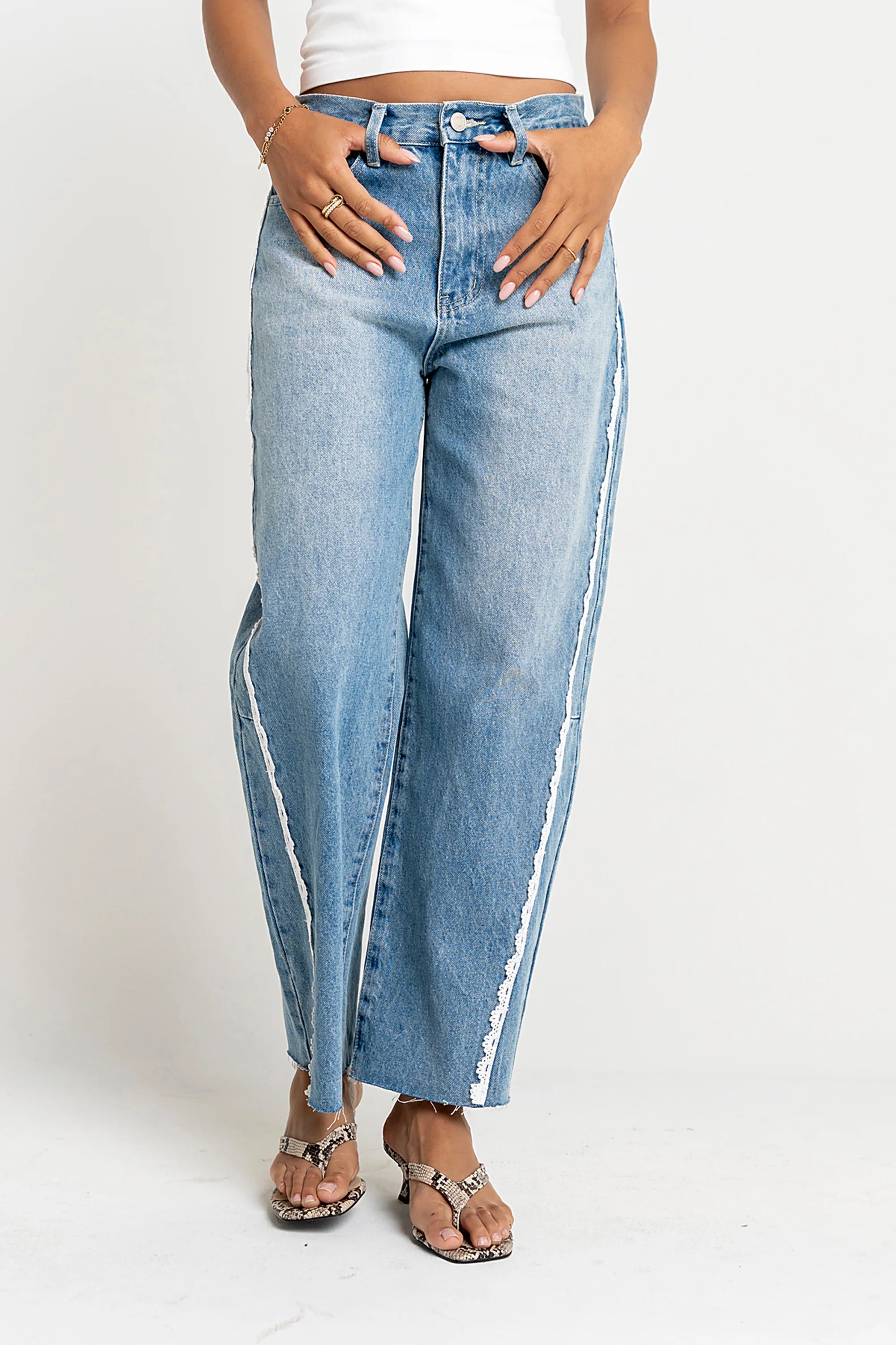 Adeline Lace Trim Barrel Jeans