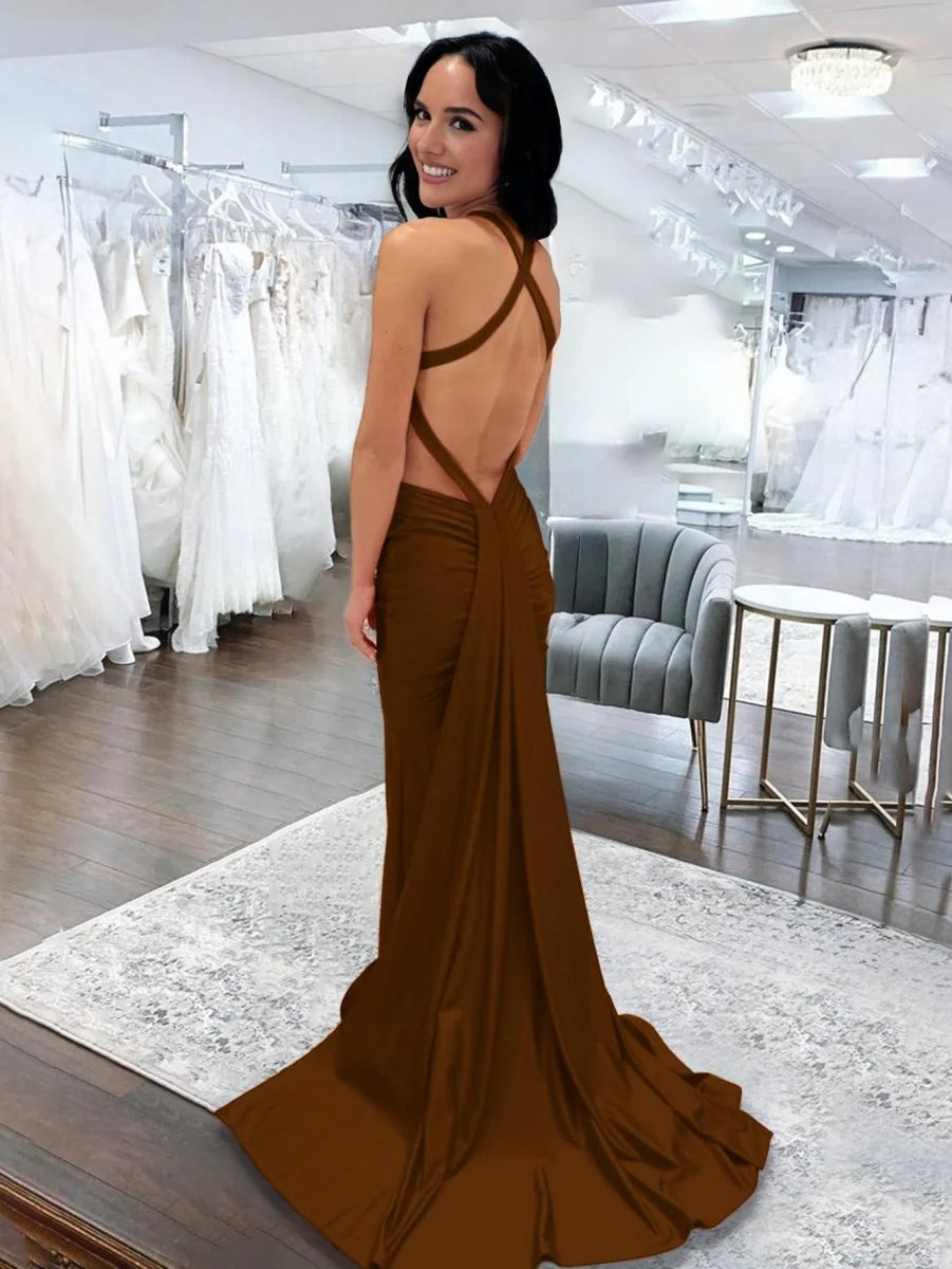 Angela Mermaid Pink V Neck Backless Satin Long Prom Dress