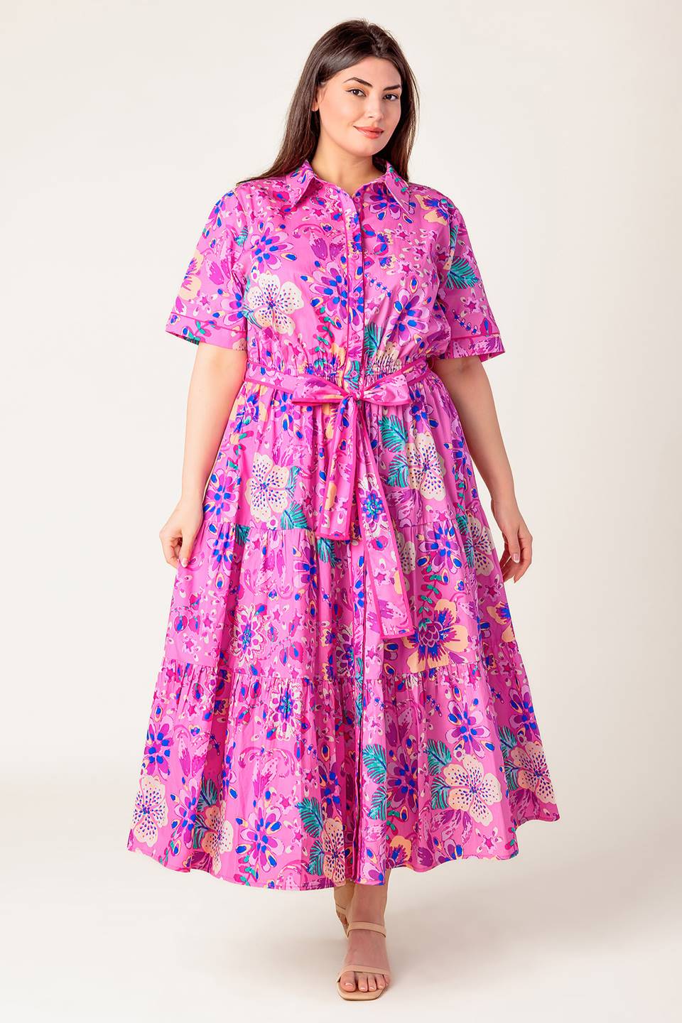 PETAL PRESS PINK PURPLE FLORAL MIDI DRESS