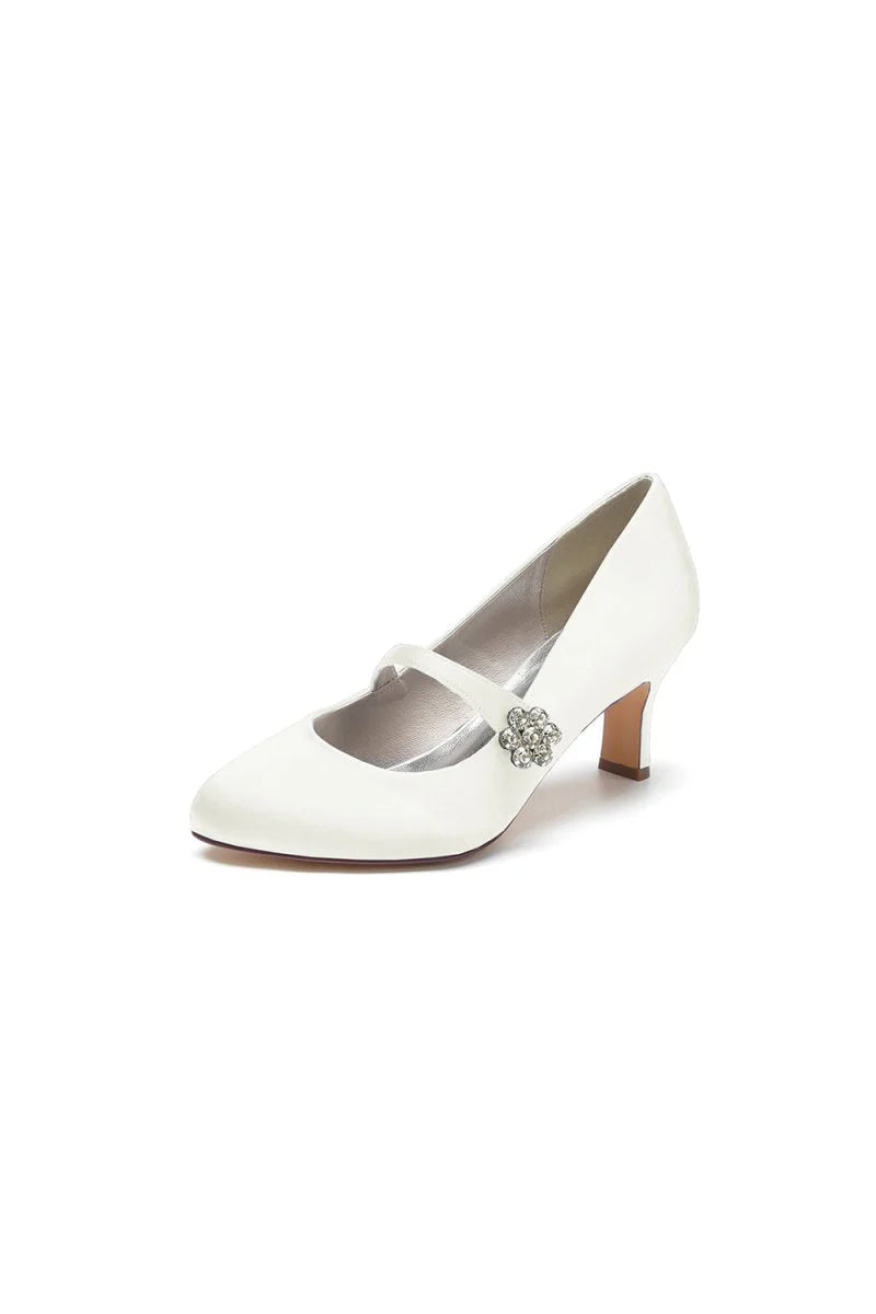 Round Toe Crystal Buckle Strap Chunky Heels
