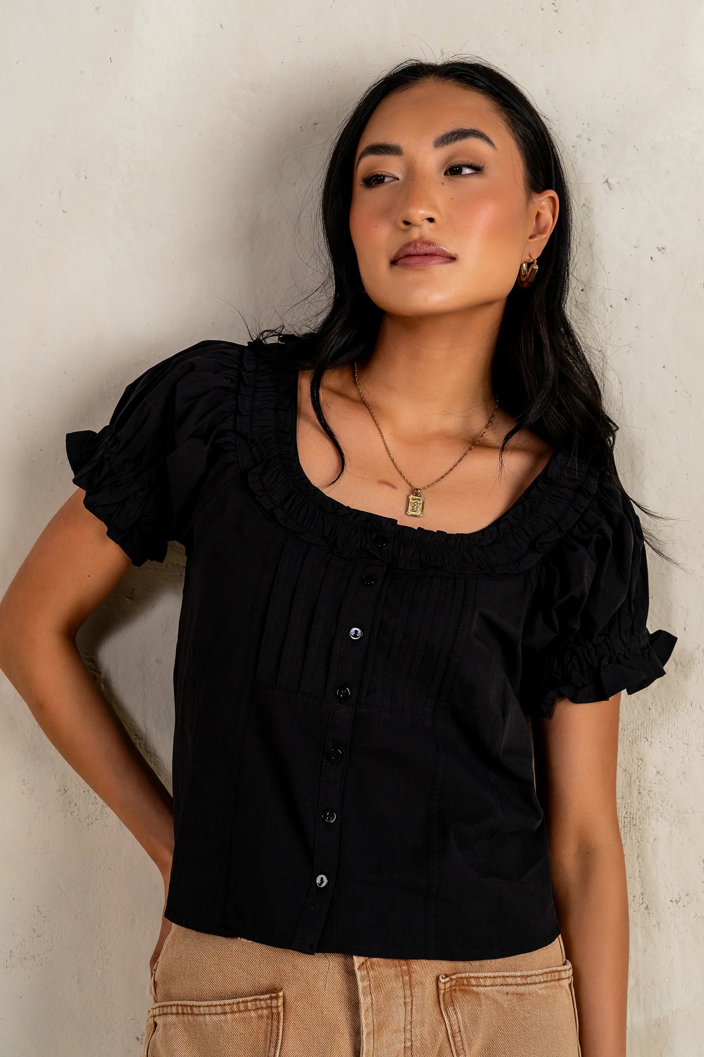 Payton Button Front Blouse in Black FINAL SALE