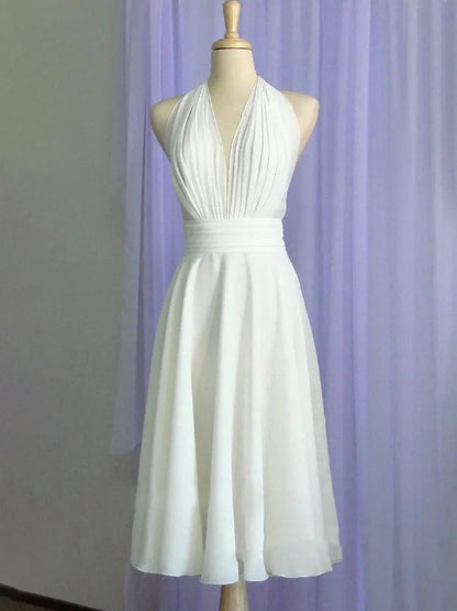 Vintage Tea Length Chiffon Wedding Dress With Halter Neck and Bow