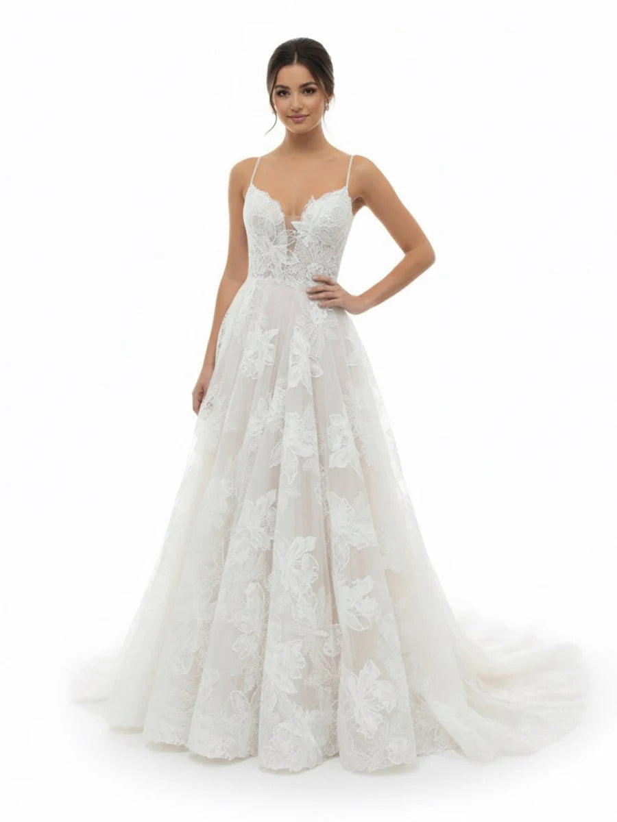 Boho White A Line Lace Appliques Wedding Dress