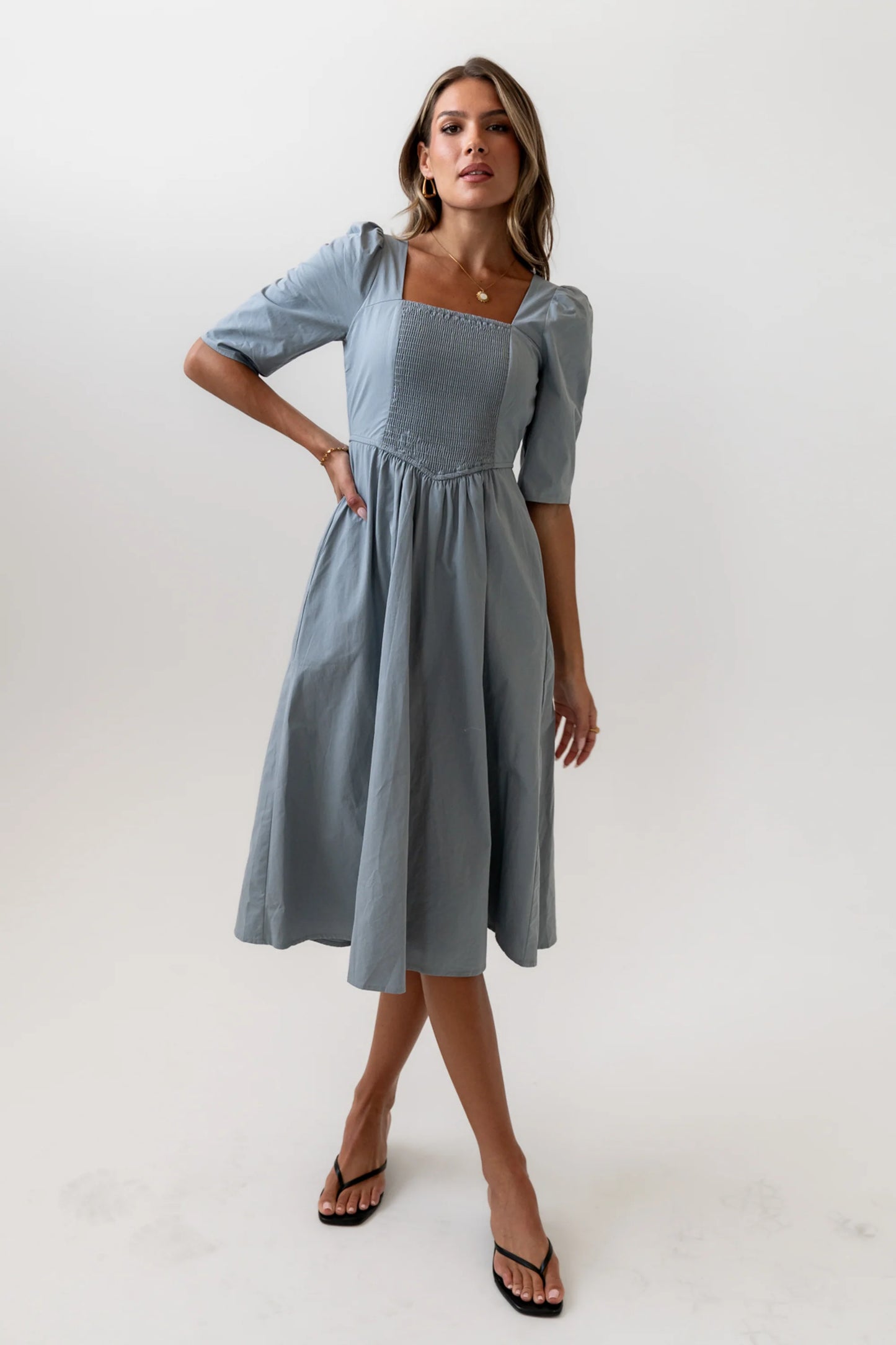 Paisley Smocked Midi Dress in Slate Blue FINAL SALE
