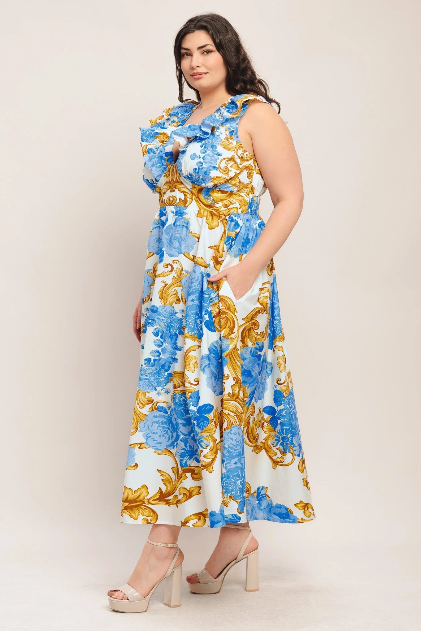BAROQUE BLOOM BLUE MIDI DRESS